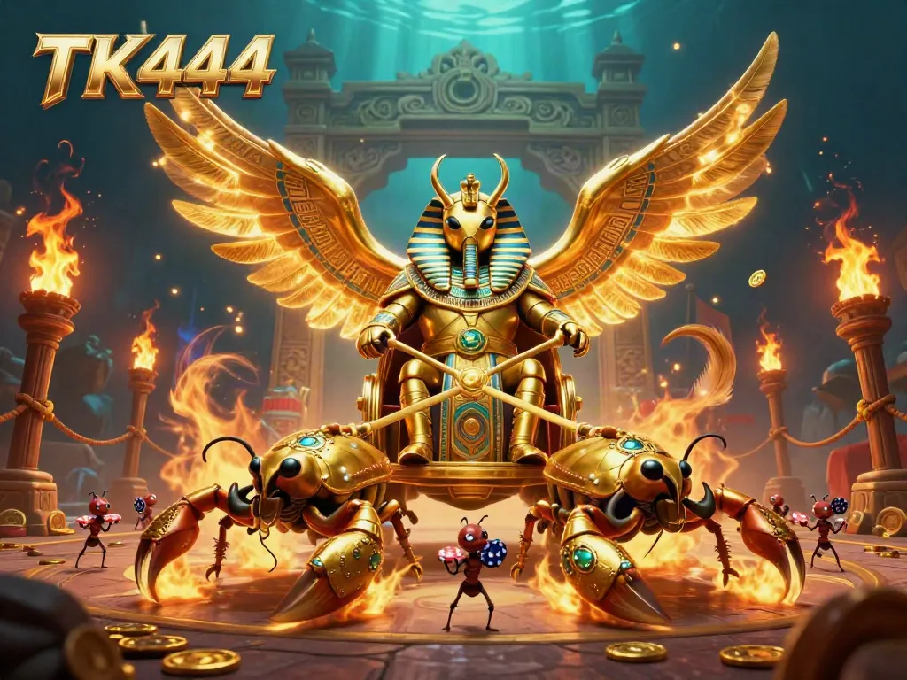 Engage in thrilling gameplay with TK444, featuring vibrant casino elements and dynamic golden characters.