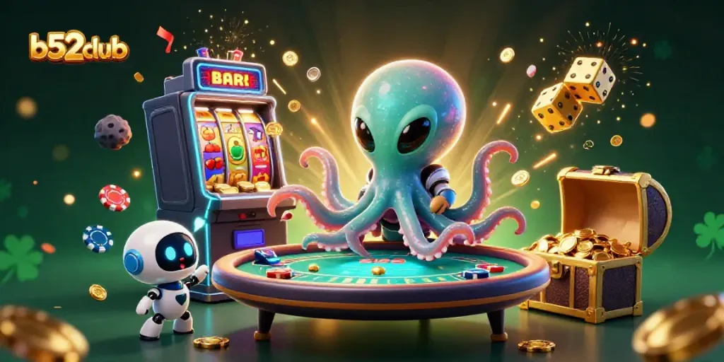 Experience thrilling gameplay at b52club with vibrant slot machines and an alien-themed casino scene.