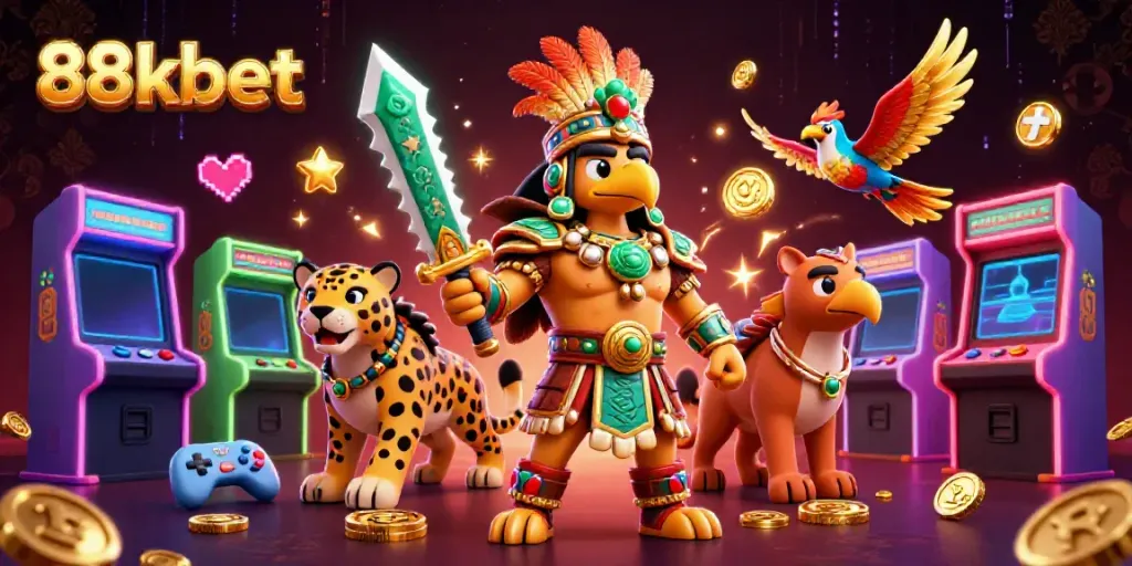 Experience the thrill of 88kbet with an immersive 3D casino scene featuring vibrant characters.