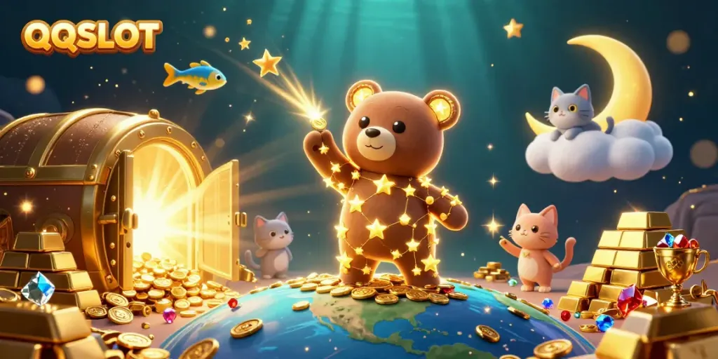 Experience the magical world of QQSLOT where a constellation bear scoops coins as treasures soar around!