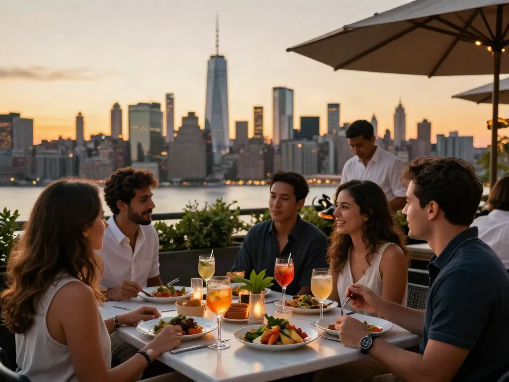 Friends enjoying a sunset dinner at NoHu Rooftop, showcasing vibrant dishes and NYC skyline.