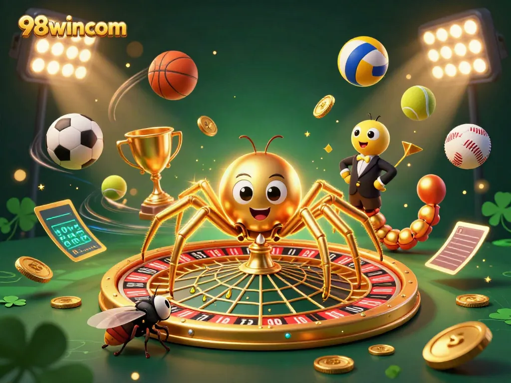 Experience thrilling betting action with 98wincom’s vibrant casino illustration featuring a roulette-shaped web.