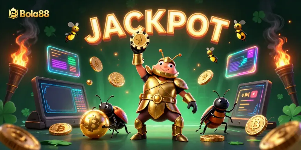 Engage with the thrilling experience at Bola88 featuring a victorious beetle character lifting a poker chip amidst a vibrant casino setting.