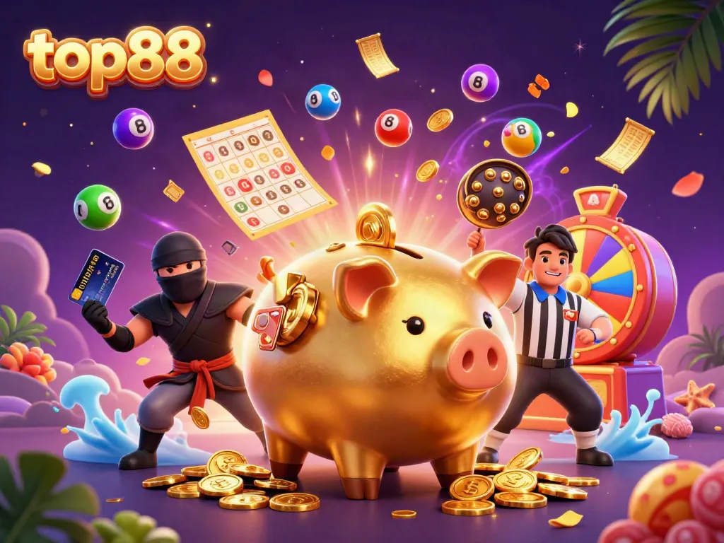 Engage with top88's dynamic scene featuring golden piggy bank sumo wrestler and vibrant casino elements.