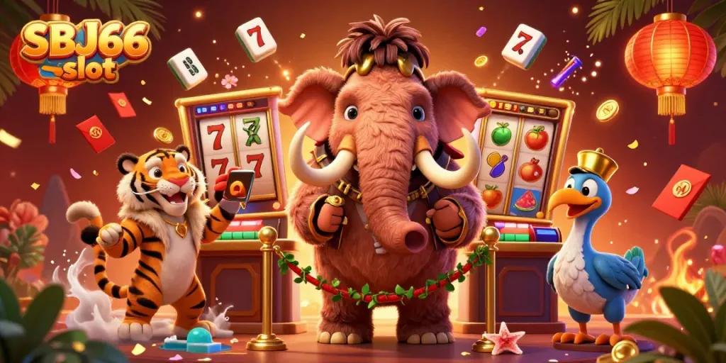 Experience the thrilling SBJ66 slot with vibrant characters and dynamic gaming elements in a rich casino atmosphere.