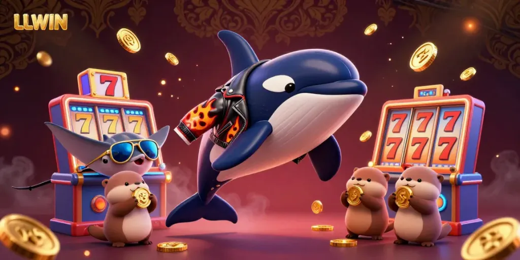 Celebrate wins at LLWIN with playful sea creatures in an action-packed casino scene.