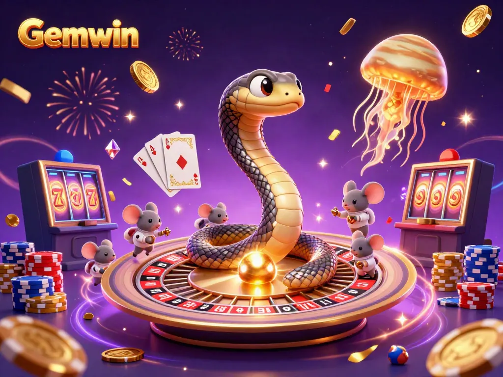 Experience the thrill with Gemwin's cosmic casino scene, featuring a roulette-snake and astronaut mice betting.