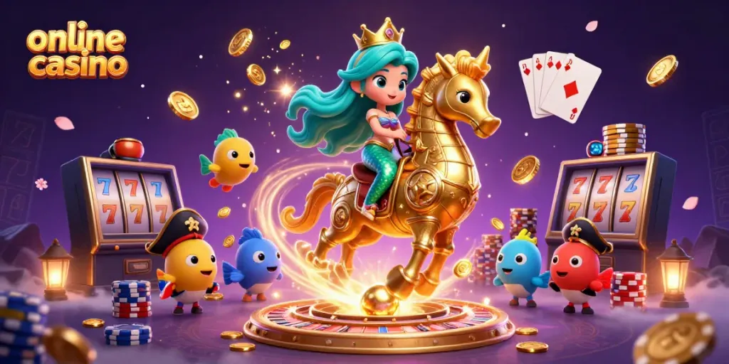 Experience the thrill of an online casino with mermaid princess riding a seahorse, vibrant gaming elements, and magical ambiance.