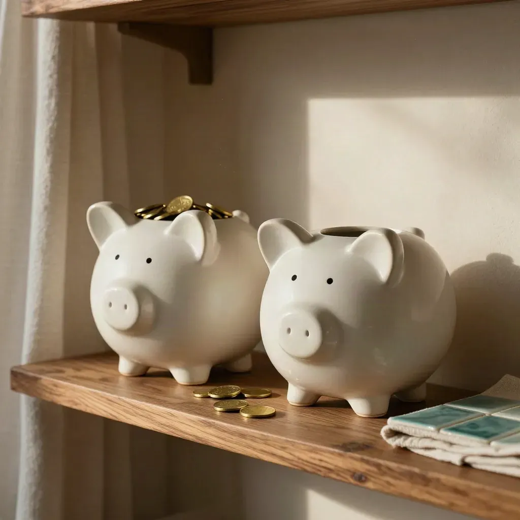 Two ceramic savings vessels with brass tokens on a warm shelf in soft afternoon light.