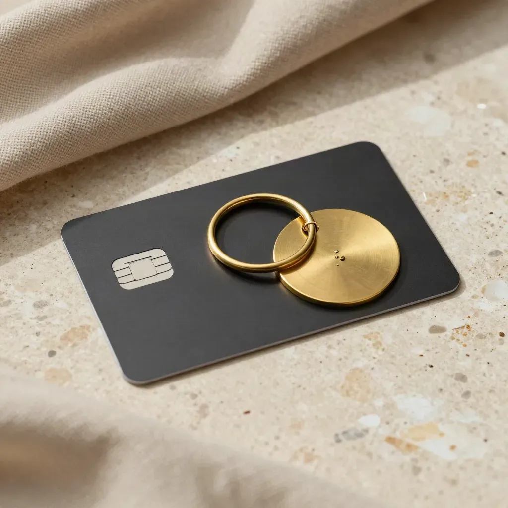 Matte debit card, brass round-up ring, and gold giving token on linen and travertine