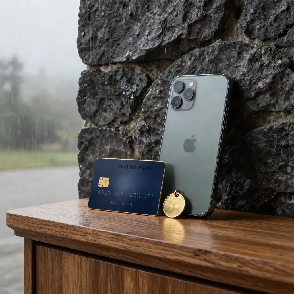 Premium debit card, smartphone and brass giving token on a rain-damp oak console at blue hour