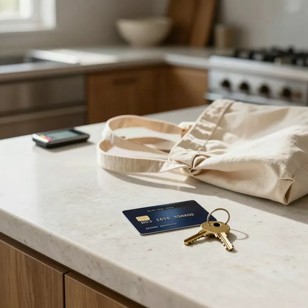Debit card, house keys and grocery tote on a quartz kitchen island beside a blurred terminal.