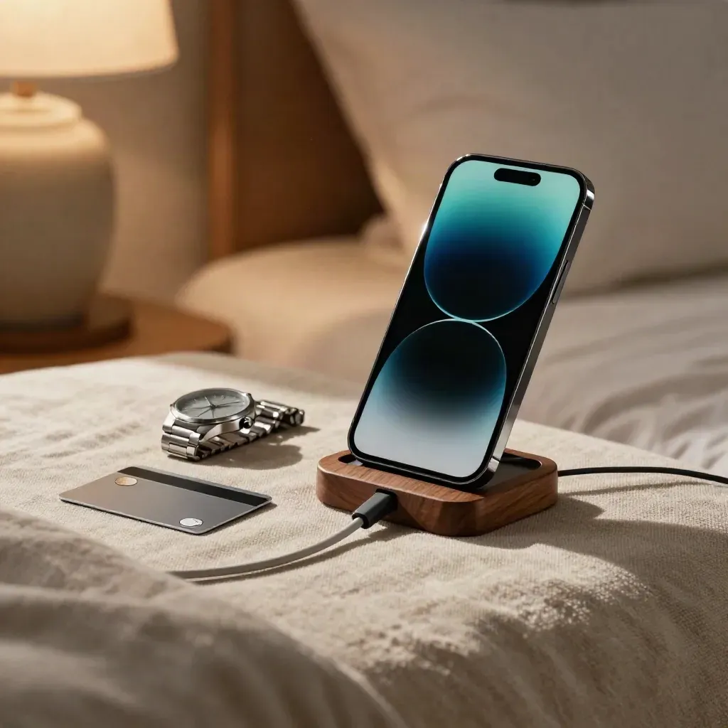 Smartphone glowing on a bedside charger beside a watch and contactless card