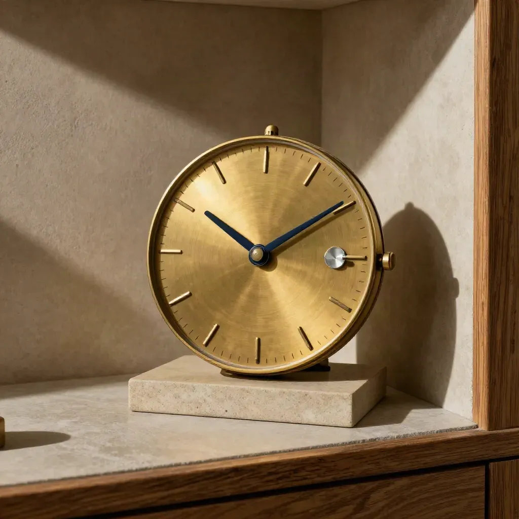 Brass recurring-giving dial beside a turned-away calendar block in moody light.