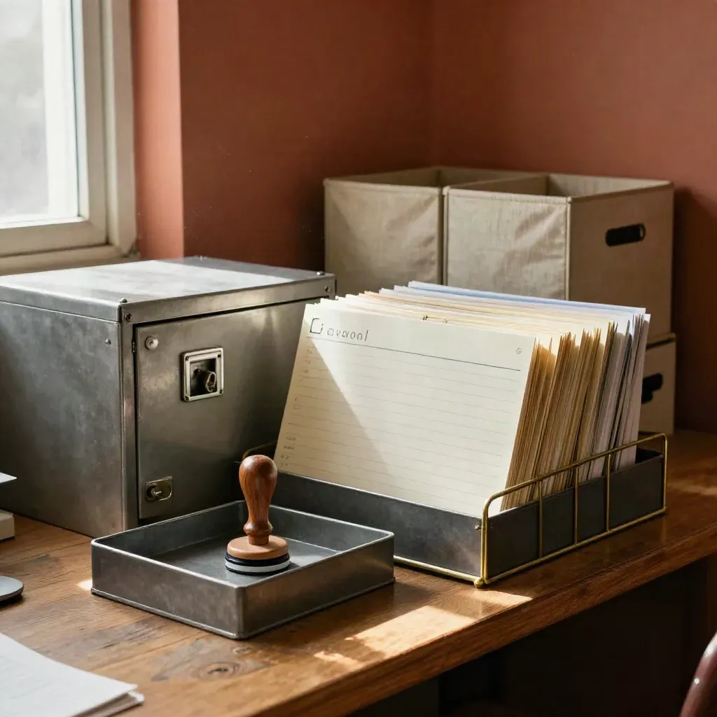 Archival tray, rubber stamp, and blank ledger sleeves in a warm nonprofit office nook.