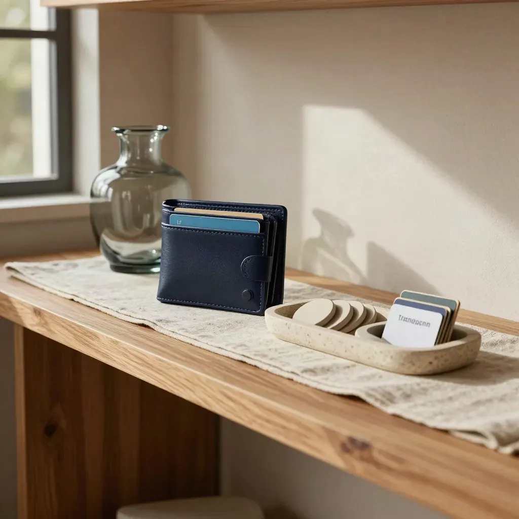 Sunlit navy wallet, coin jar, and gift tokens on a warm home finance shelf.