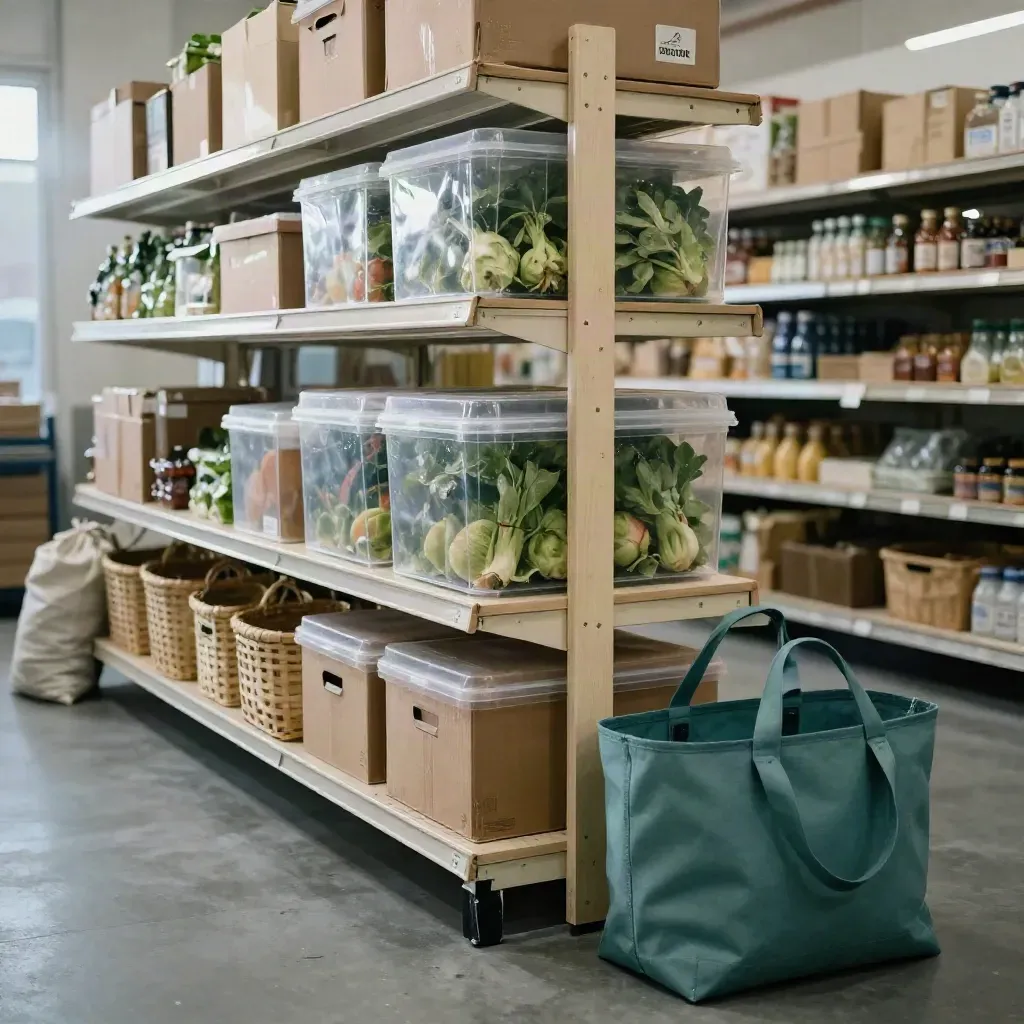 Stocked food pantry aisle with crates, boxes, and donation bins in warm morning light.