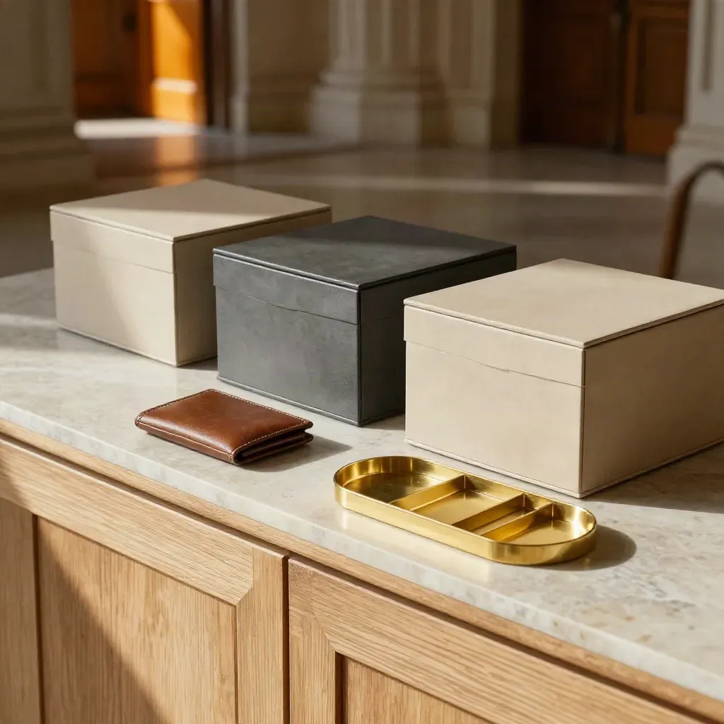 Church office credenza with three storage boxes, a debit card wallet, and a sorted brass tray.