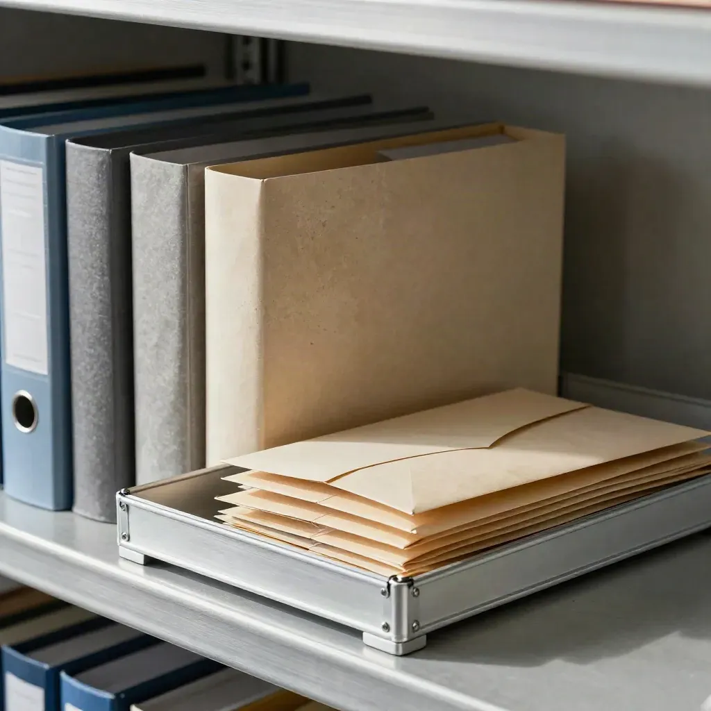 Clinic finance folders, transfer envelopes and audit tray on a pewter shelf.