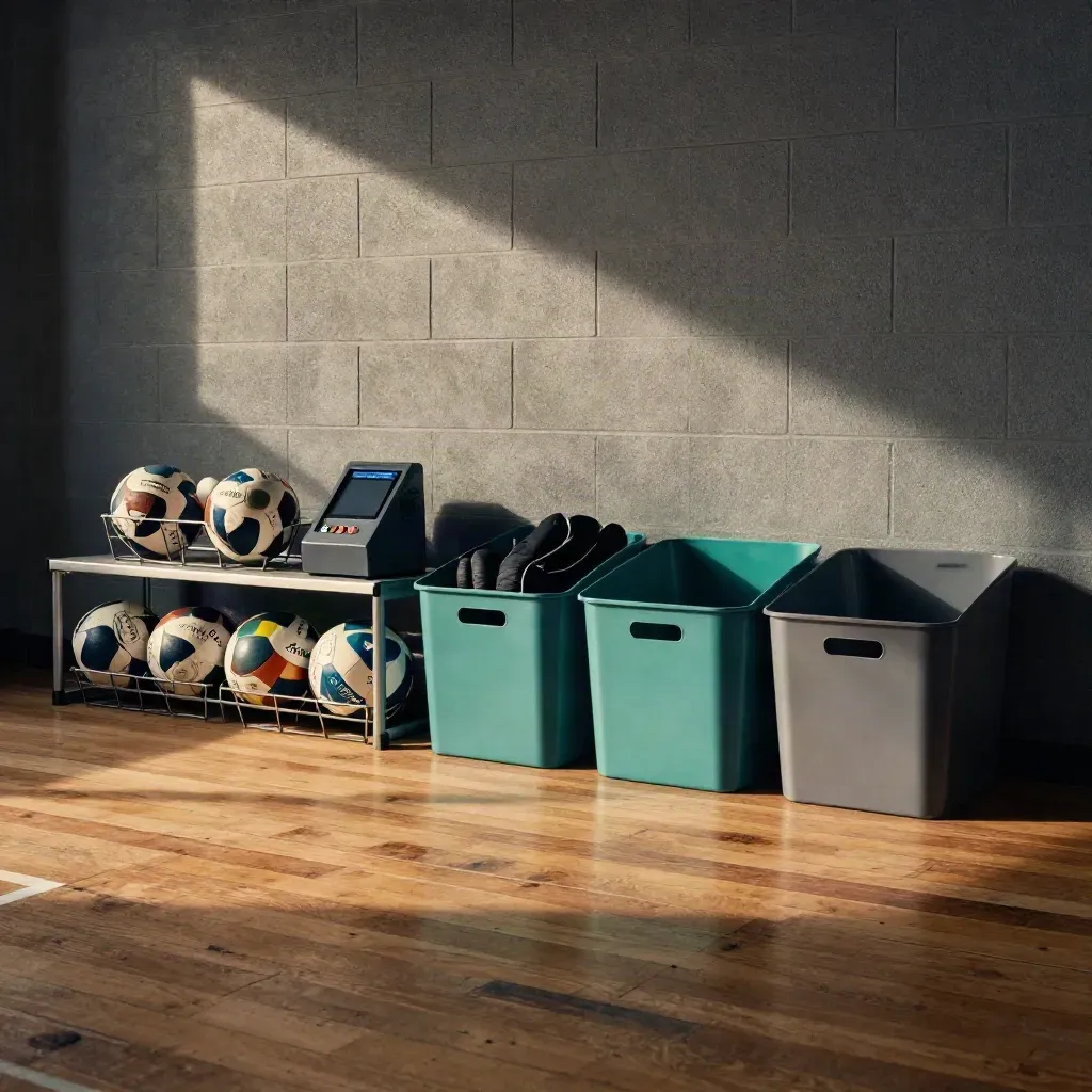 Empty youth-room gear corner with balls, payment terminal, and transfer bins in moody light.