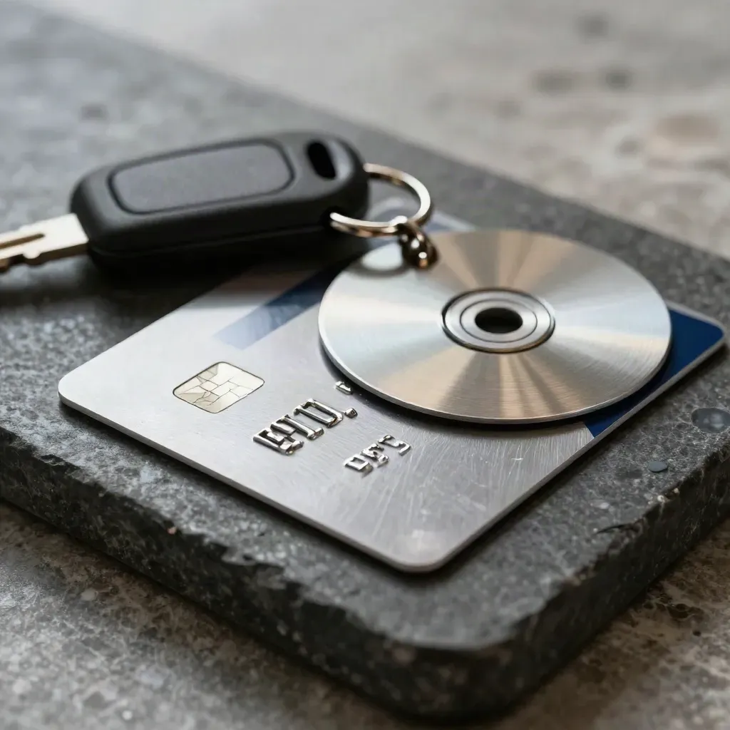 Macro of a metal debit card, NFC disc and key fob on a dark stone tray