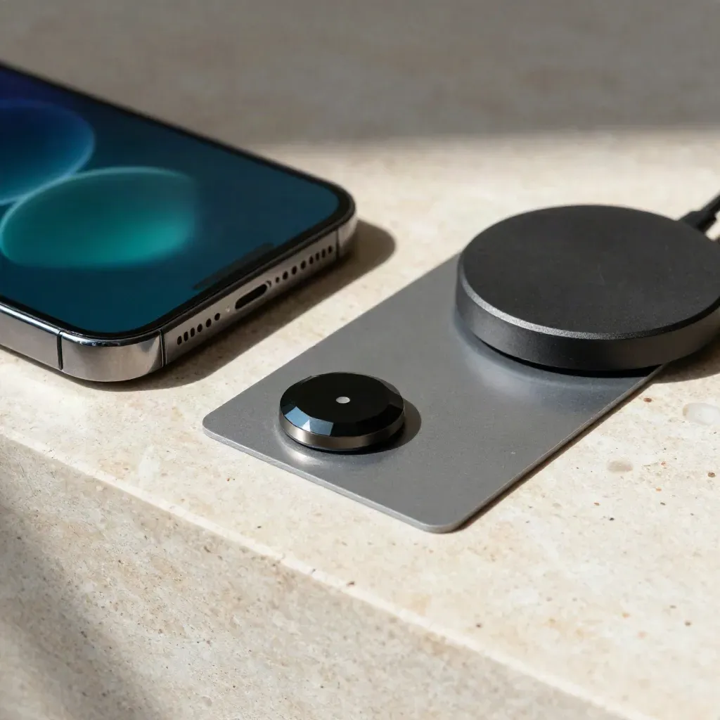Smartphone edge, biometric token, charging puck and matte card on pale stone under teal glow.