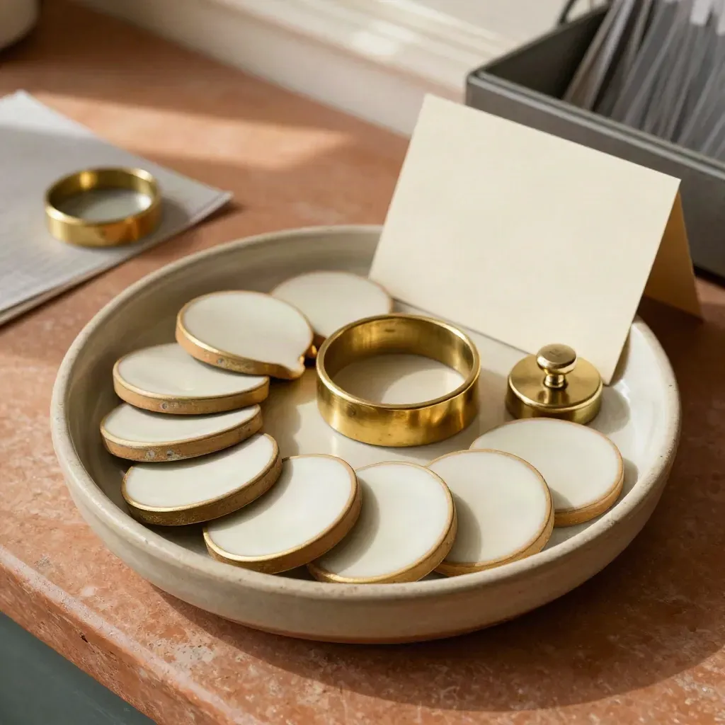 Top-down still life of brass giving markers, timing ring, and ledger weight on terracotta.