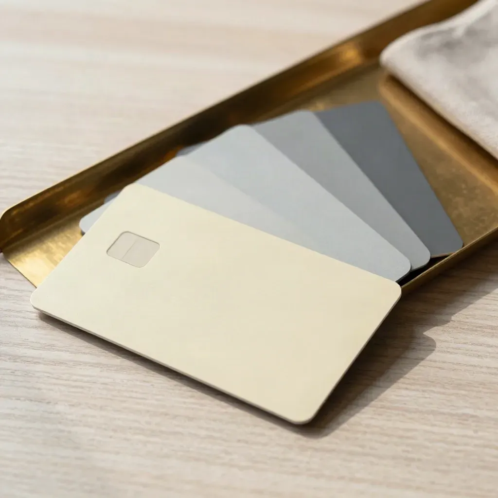 Fanned account cards in a brass tray on pale wood, one card sharp, others softly blurred.