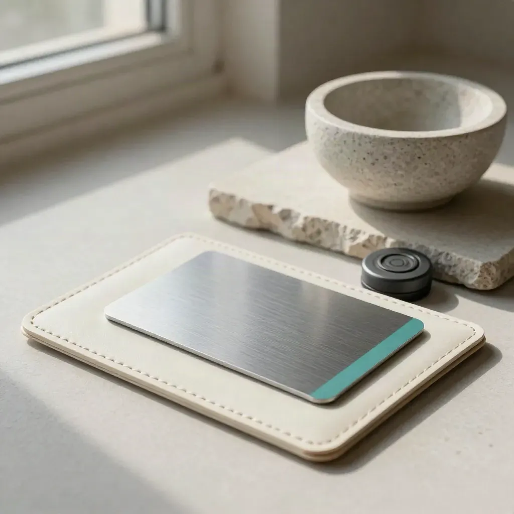 Identity sleeve, NFC keycard and verification puck beside a stone bowl