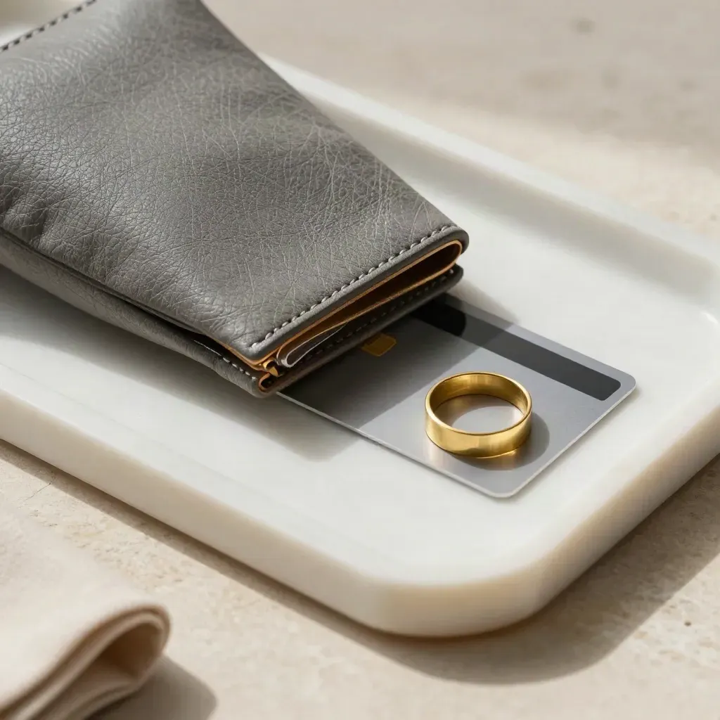 Leather transfer pouch, debit card, and brass ring on marble tray in warm side light.
