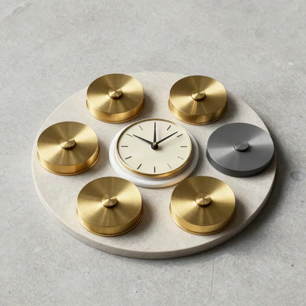 Brass giving markers circling a clock dial and calendar ring on cool concrete.