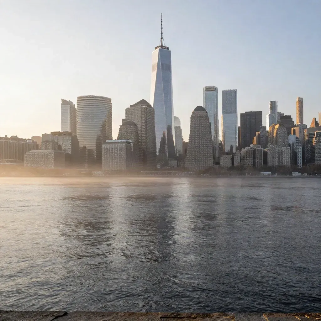 Lower Manhattan skyline emerging through dawn haze above calm river water.