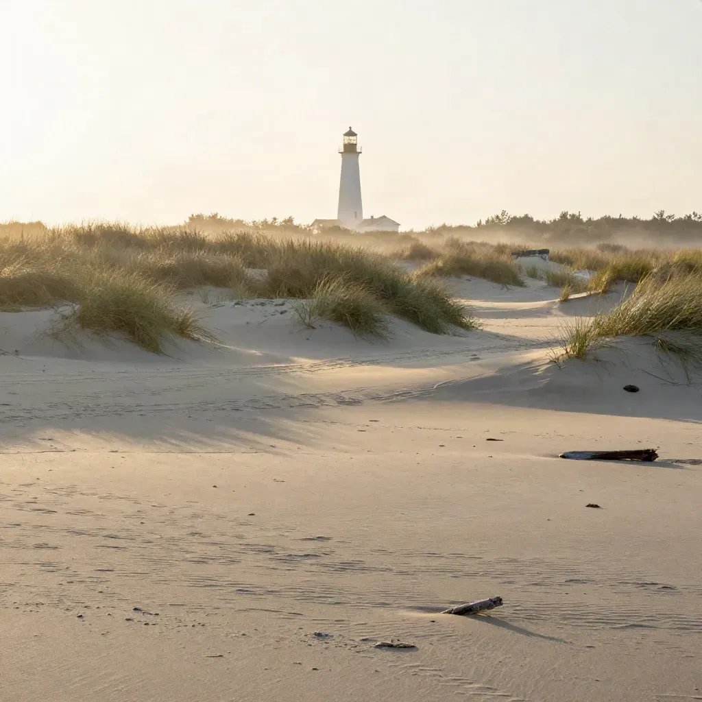 Long Island dunes in sunset fog with a distant lighthouse high on the horizon
