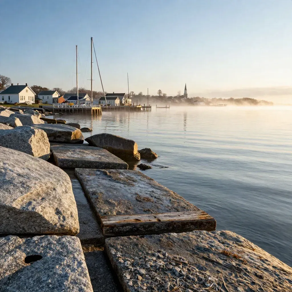 Golden Connecticut coast with rocky tide flats, harbor masts, and a hazy historic waterfront.