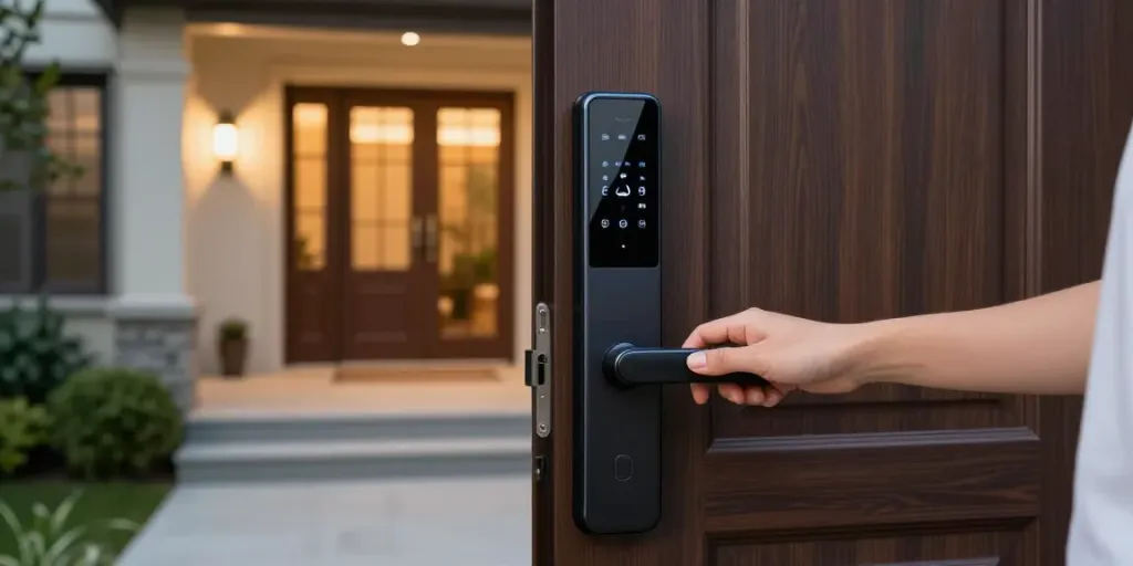 خرید قفل هوشمند with a person using a fingerprint scanner on a smart door lock at a stylish home entrance.