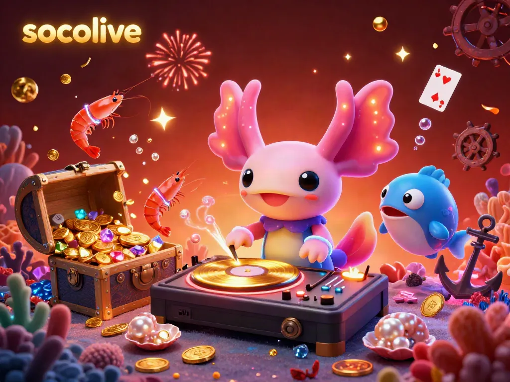 Socolive brings vibrant energy to underwater gaming with a neon axolotl DJ and treasure elements.