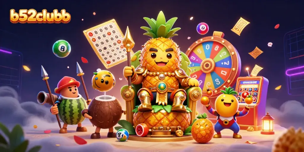 Engage with b52clubb's vibrant casino world featuring a golden pineapple king and dynamic gaming elements.