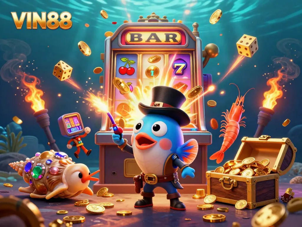 Experience the excitement of VIN88 with engaging casino-themed underwater illustration featuring anglerfish and pirate shrimp.