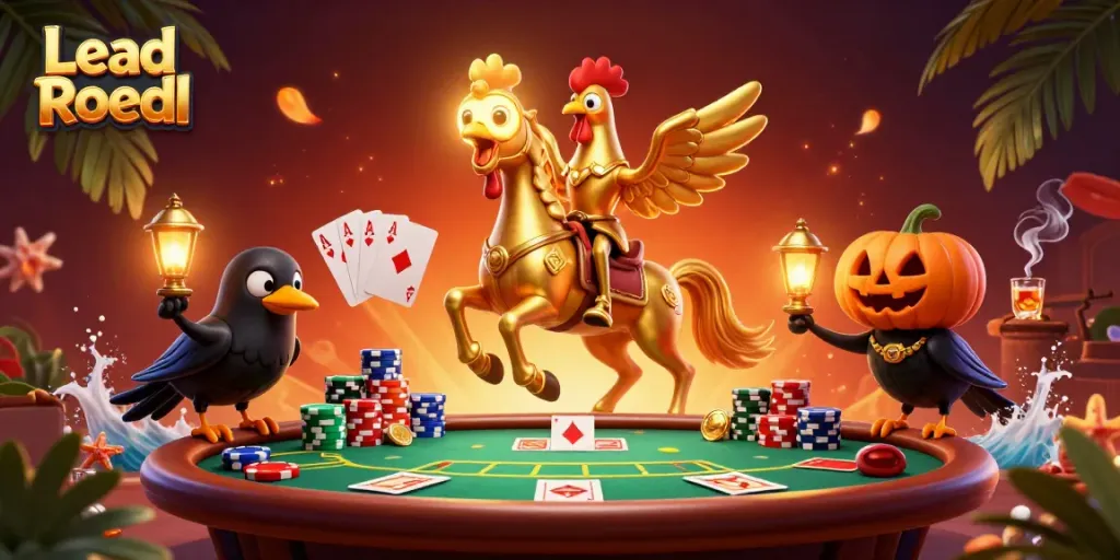 Engage in the vibrant casino scene with Lead Roedl featuring a golden rooster and poker action.