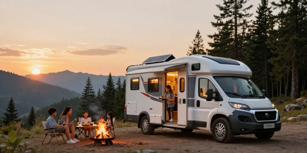 A family enjoying off-grid camping powered by a 12v lithium battery, RV with solar panels, mountain backdrop at sunset.