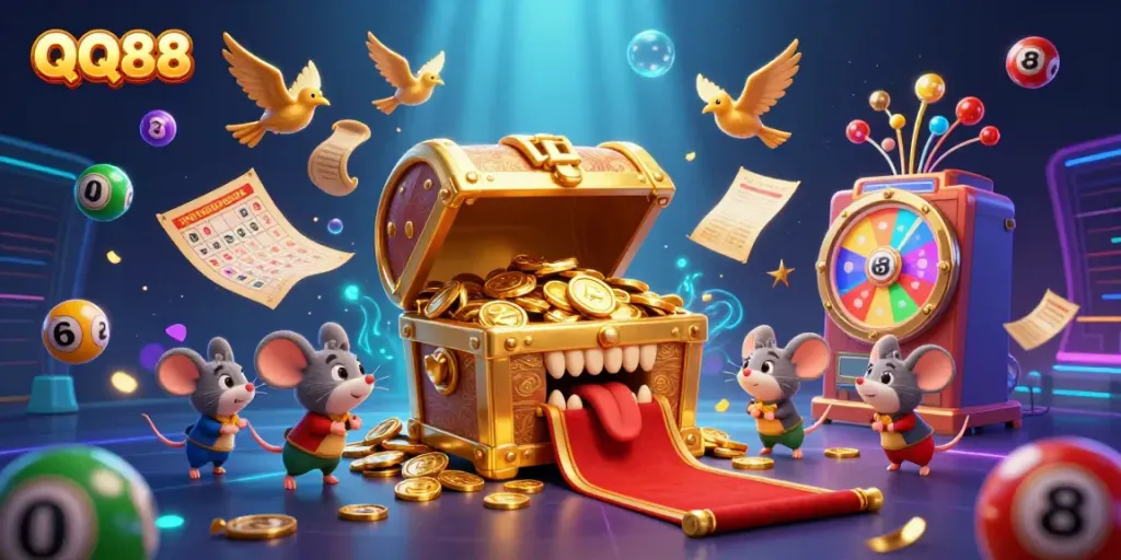 Experience QQ88's gaming allure with a vibrant treasure chest scene attracting adventurer mice amidst colorful lottery elements.