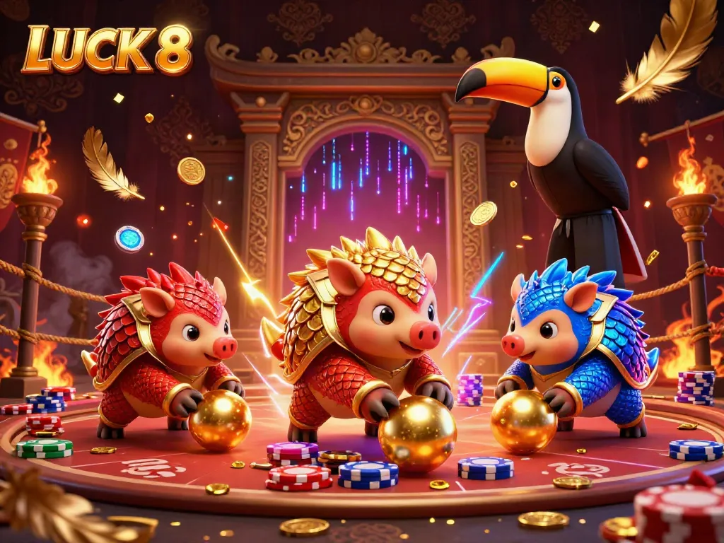 Experience exciting gameplay with LUCK 8 as rival pangolins battle through a vibrant casino scene.