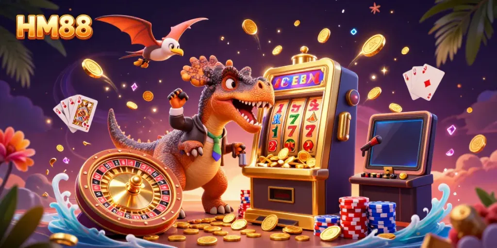 Experience the thrill at HM88 with a pachycephalosaurus jackpot scene in a vibrant casino!