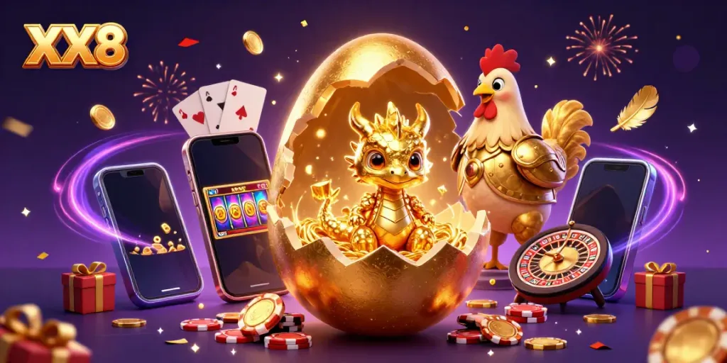 Experience the excitement of XX8 with a golden dragon surrounded by online casino games and rich decorations.