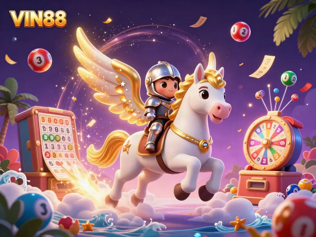 VIN88 immersive casino-themed illustration featuring a celestial horse and knight with dynamic game elements.