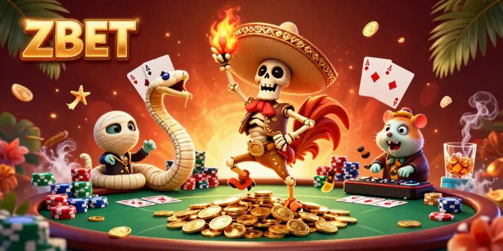 ZBET brings vibrant gaming energy with a 3D mariachi rooster and poker scene.