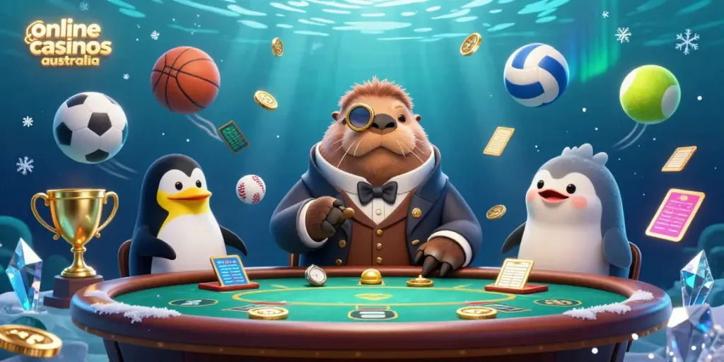 Experience the excitement of online casinos in Australia with a whimsical underwater poker scene featuring a walrus and penguin dealer.