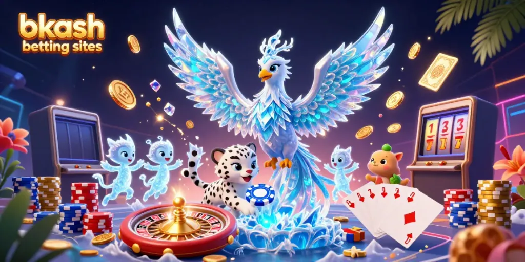 Engage with the vibrant scene of bkash betting sites featuring an ice phoenix, playful snow leopard, and shimmering casino elements
