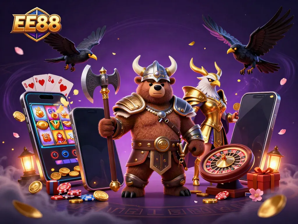 Engage in thrilling gameplay with EE88's vibrant 3D casino illustration featuring iconic characters and game elements.
