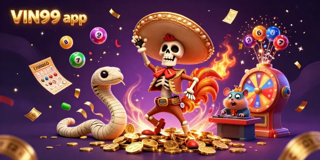 Experience excitement with the vibrant VIN99 app cartoon scene featuring celebrated characters in a lavish casino setting.